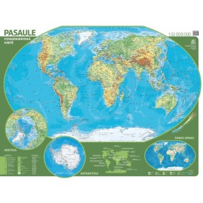 Pasaules fizioģeogrāfiskā sienas karte (laminēta ar līstēm)